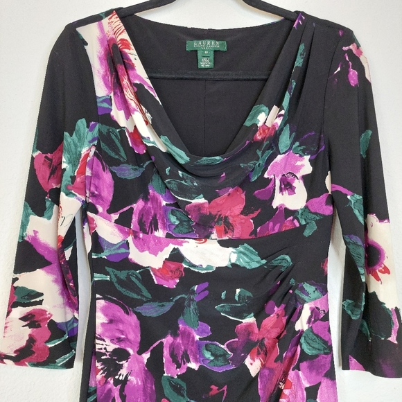 Lauren Ralph Lauren Floral Drape Neck Fitted Jersey Dress Size 8 Petite - Picture 3 of 11